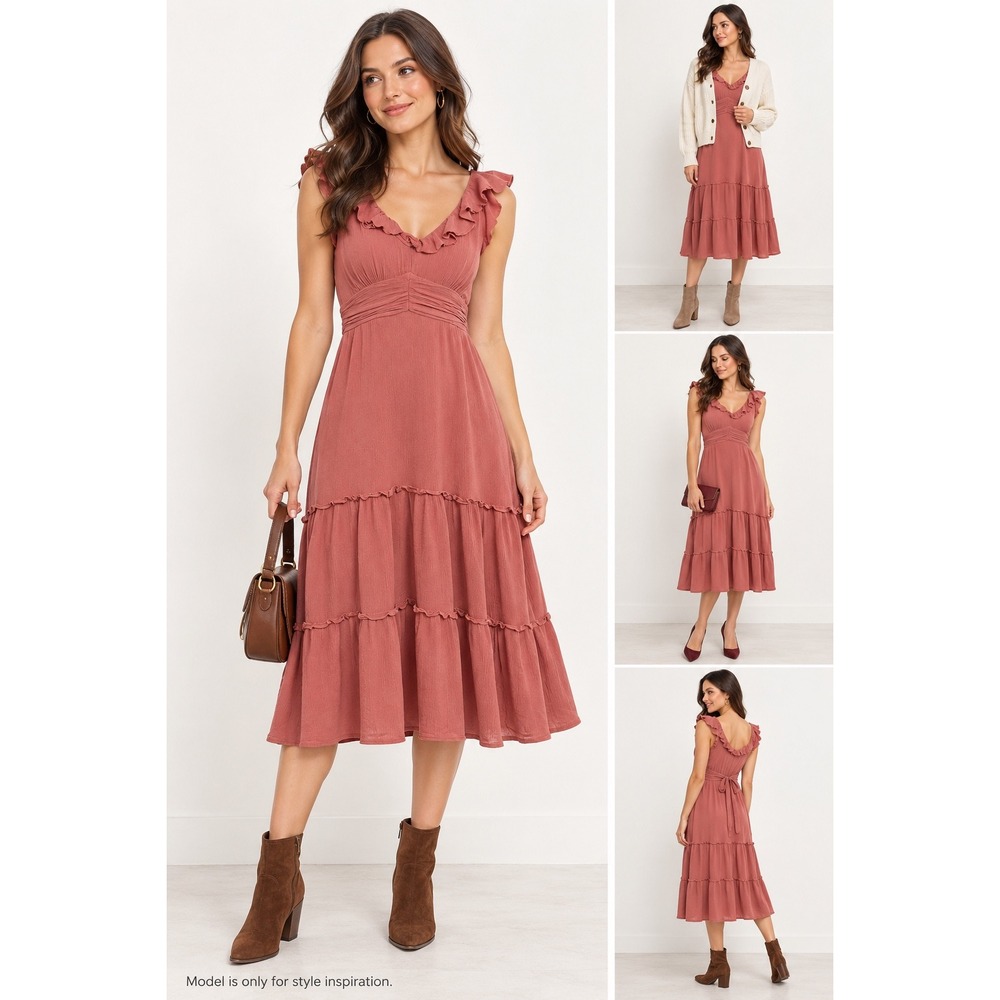 ILLA ILLA Midi Dress Womens S Rose Rayon Ruffle Tiered Boho Tie Waist Romantic